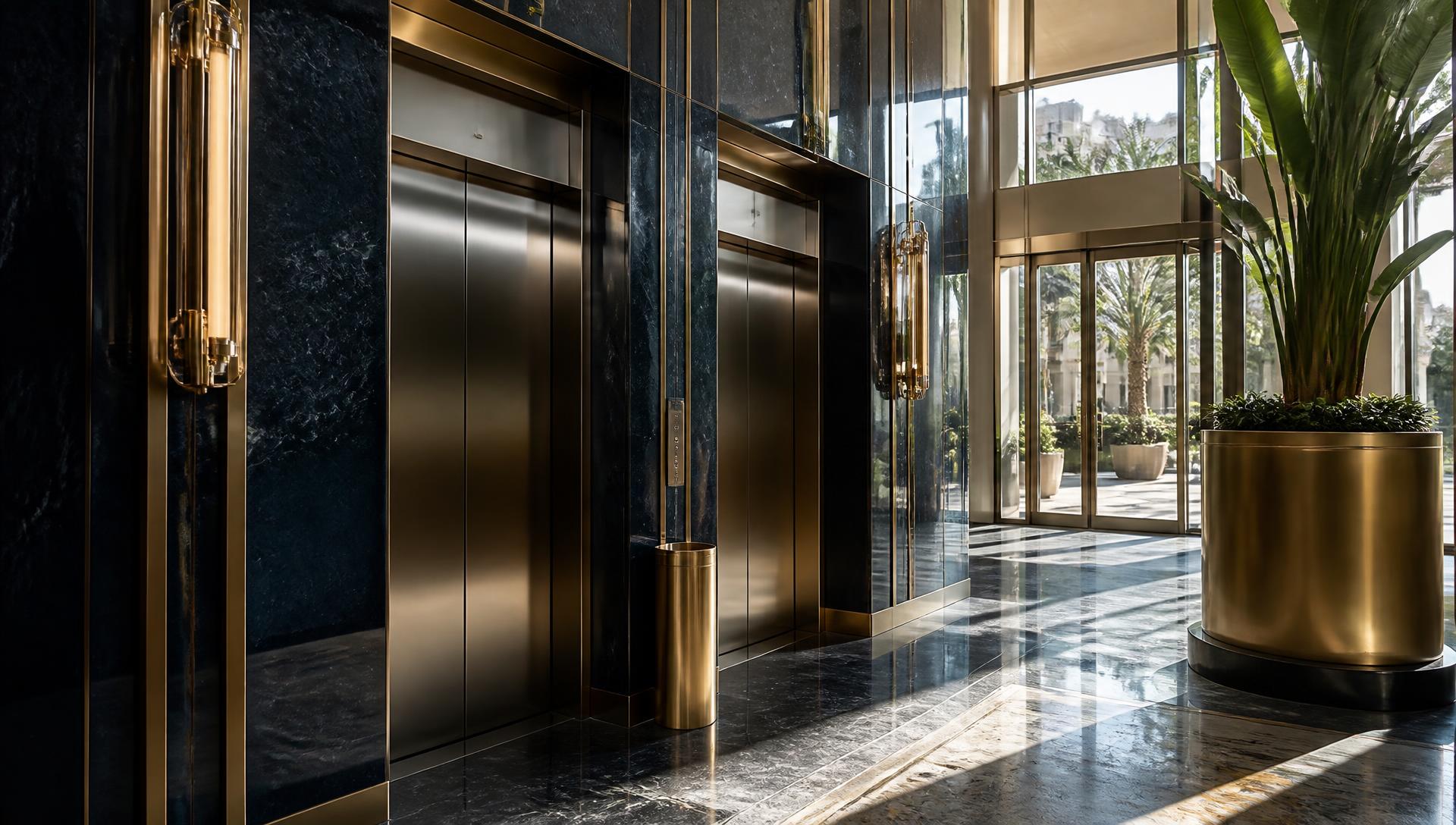 Hall d'immeuble moderne au Maroc avec portes d'ascenseur en acier et laiton